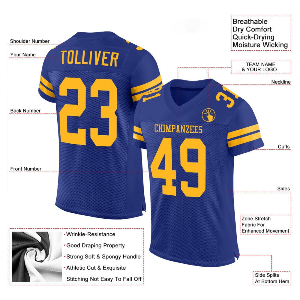 Custom Royal Gold Mesh Authentic Football Jersey, Team Jerseys Football, Custom Football Jersey