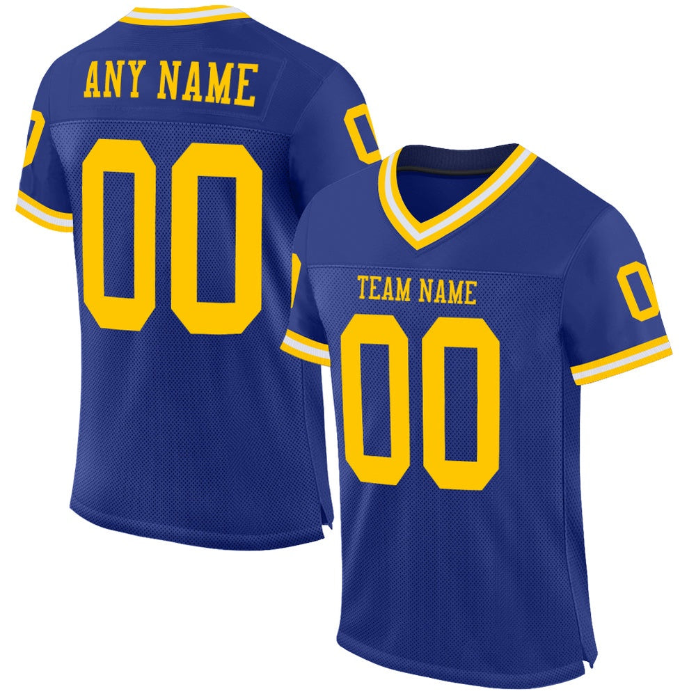 Custom Royal Gold White Mesh Authentic Throwback Football Jersey, Team Jerseys Football, Custom Football Jersey