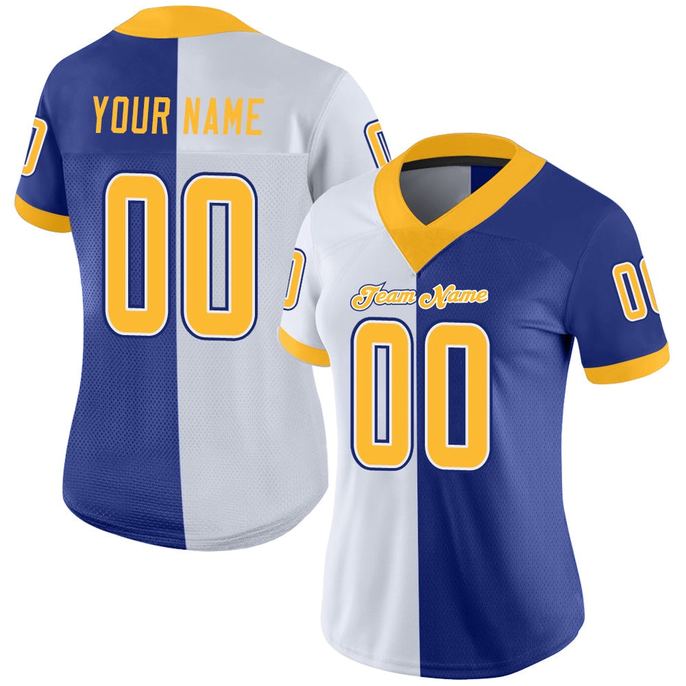 Custom Royal Gold White Mesh Split Fashion Football Jersey, Team Jerseys Football, Custom Football Jersey