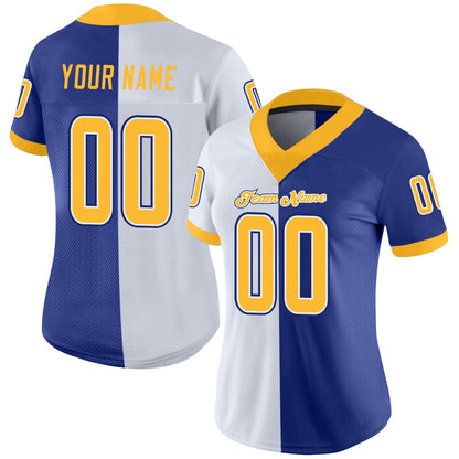 Custom Royal Gold White Mesh Split Fashion Football Jersey, Team Jerseys Football, Custom Football Jersey