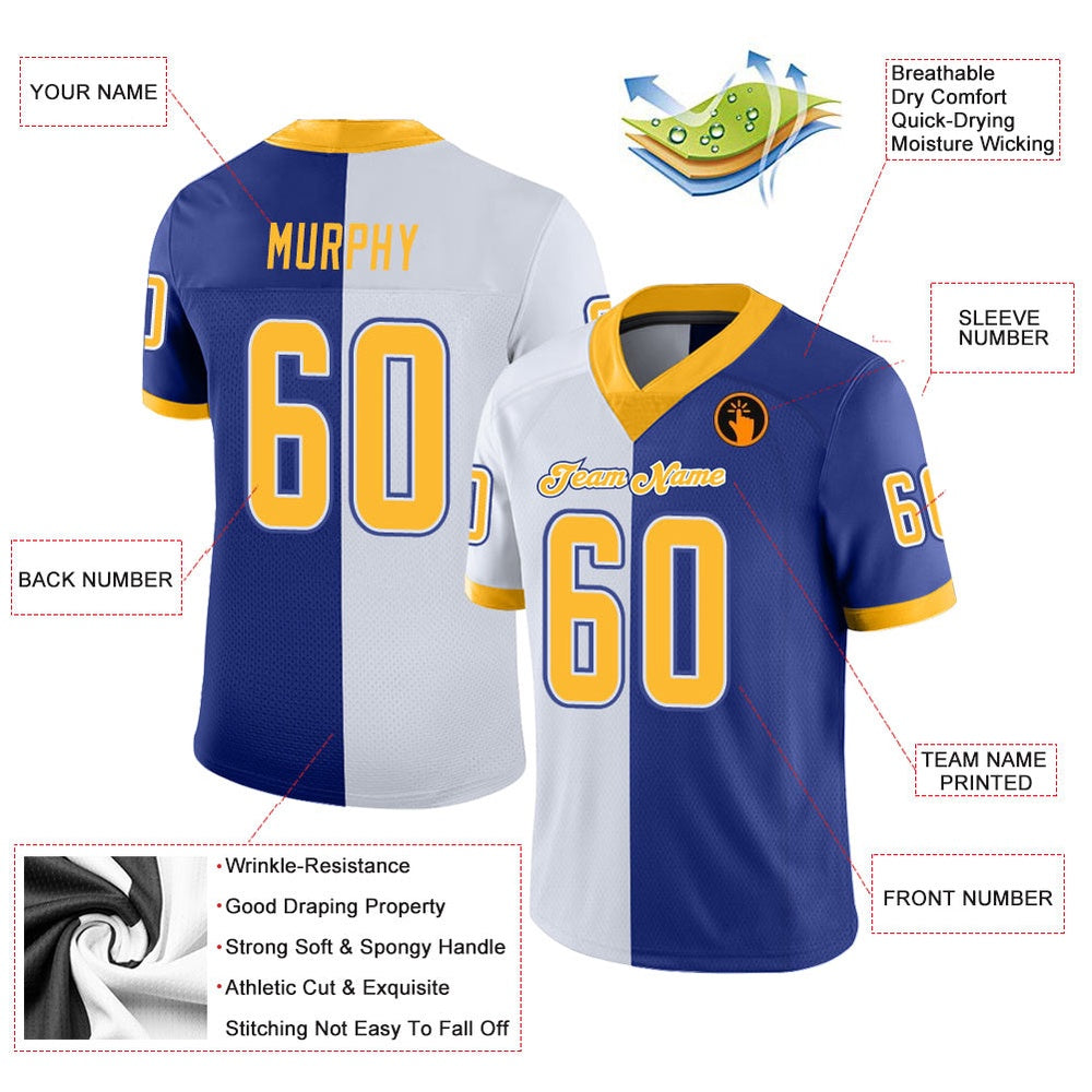 Custom Royal Gold White Mesh Split Fashion Football Jersey, Team Jerseys Football, Custom Football Jersey