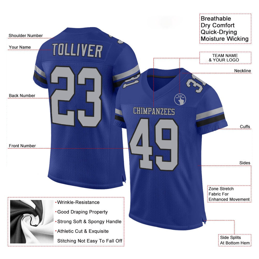 Custom Royal Gray Black Mesh Authentic Football Jersey, Team Jerseys Football, Custom Football Jersey