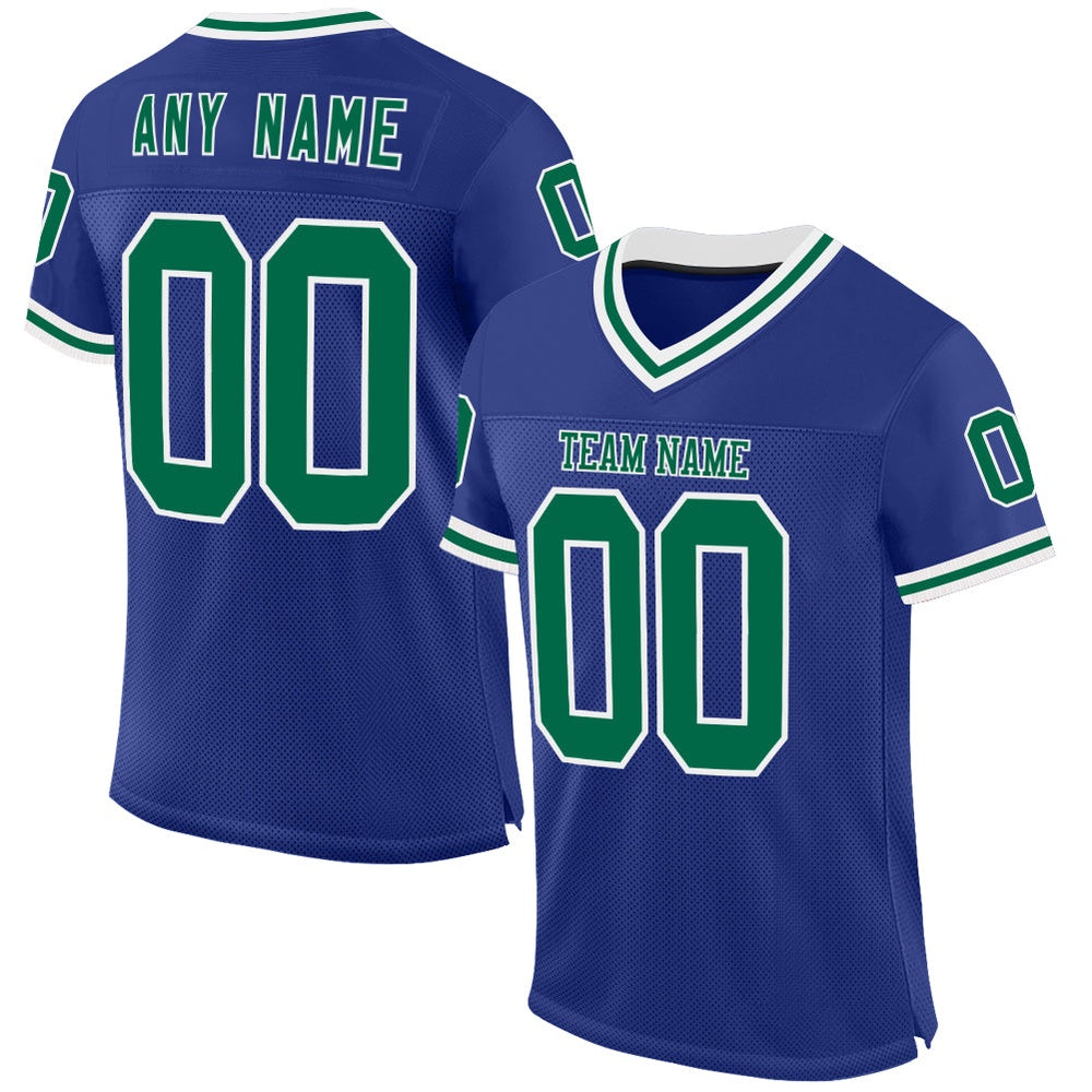 Custom Royal Kelly Green White Mesh Authentic Throwback Football Jersey, Team Jerseys Football, Custom Football Jersey