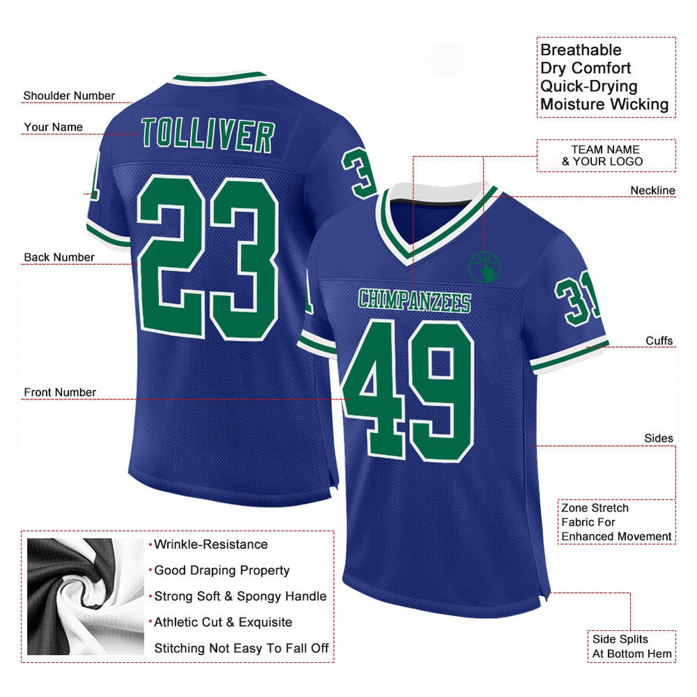 Custom Royal Kelly Green White Mesh Authentic Throwback Football Jersey, Team Jerseys Football, Custom Football Jersey
