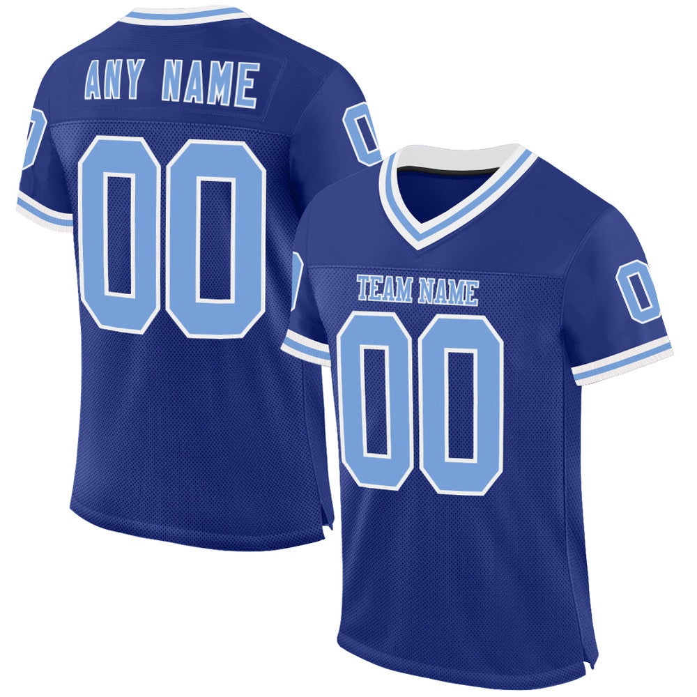 Custom Royal Light Blue White Mesh Authentic Throwback Football Jersey, Team Jerseys Football, Custom Football Jersey