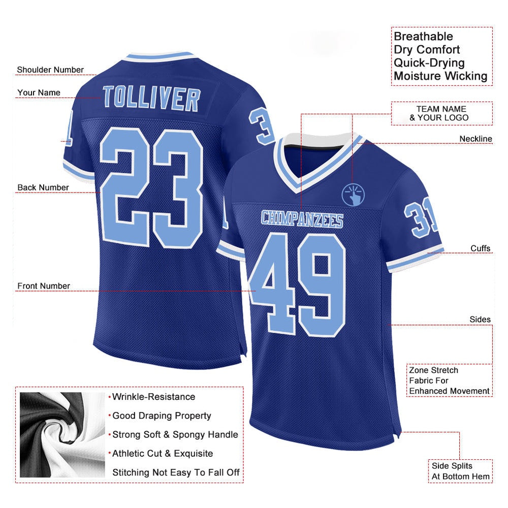 Custom Royal Light Blue White Mesh Authentic Throwback Football Jersey, Team Jerseys Football, Custom Football Jersey