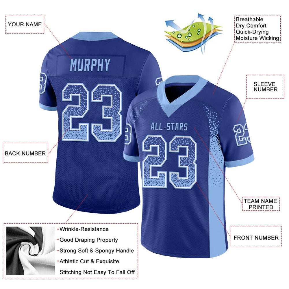 Custom Royal Light Blue White Mesh Drift Fashion Football Jersey, Team Jerseys Football, Custom Football Jersey