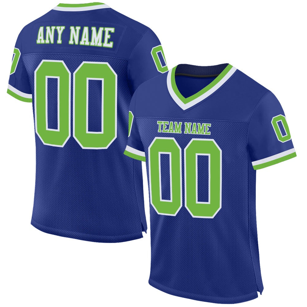 Custom Royal Neon Green White Mesh Authentic Throwback Football Jersey, Team Jerseys Football, Custom Football Jersey