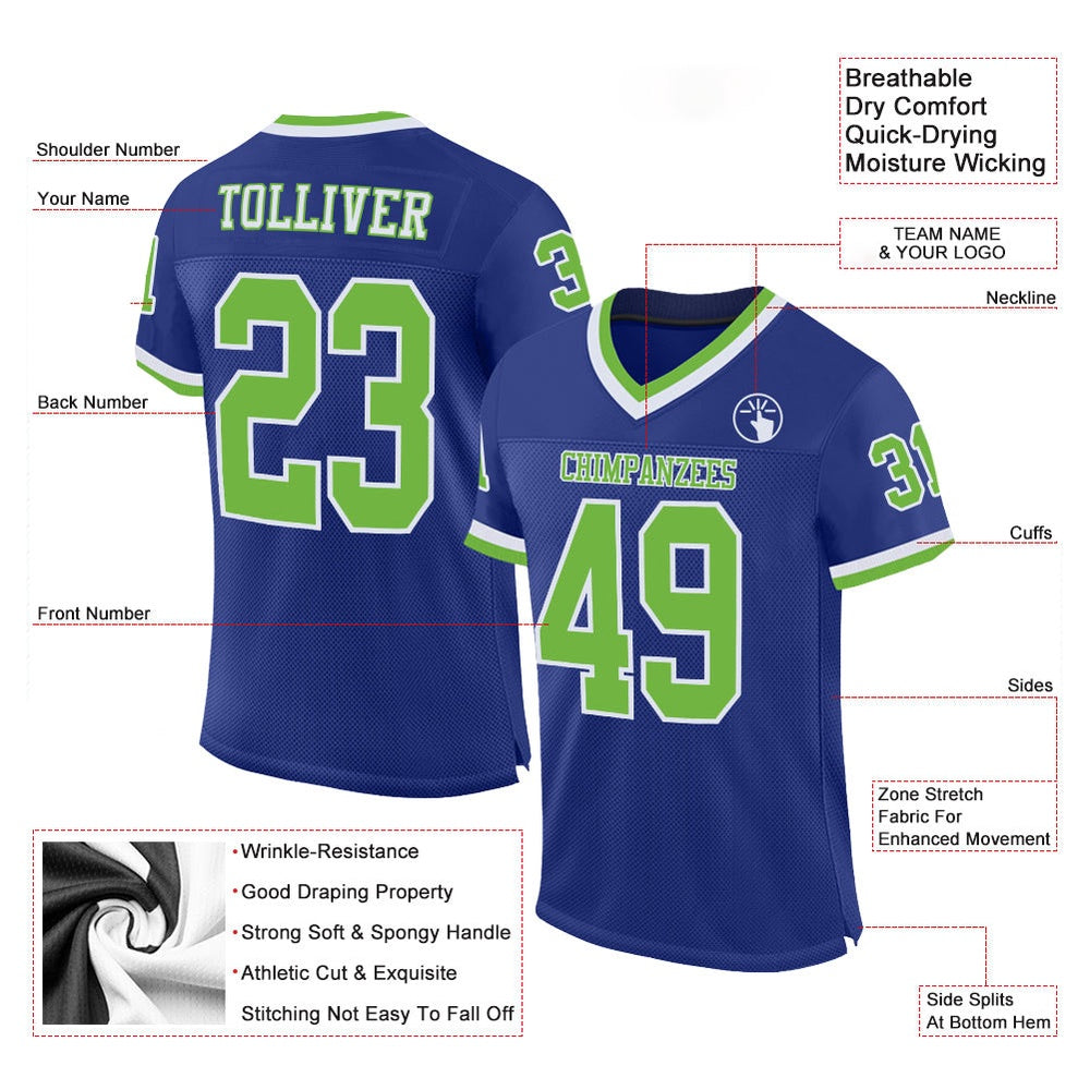 Custom Royal Neon Green White Mesh Authentic Throwback Football Jersey, Team Jerseys Football, Custom Football Jersey