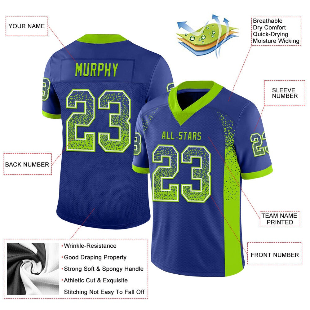 Custom Royal Neon Green White Mesh Drift Fashion Football Jersey, Team Jerseys Football, Custom Football Jersey