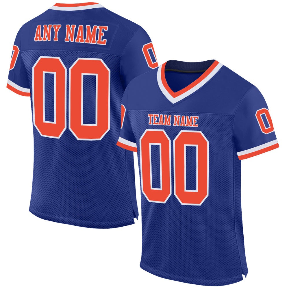 Custom Royal Orange White Mesh Authentic Throwback Football Jersey, Team Jerseys Football, Custom Football Jersey
