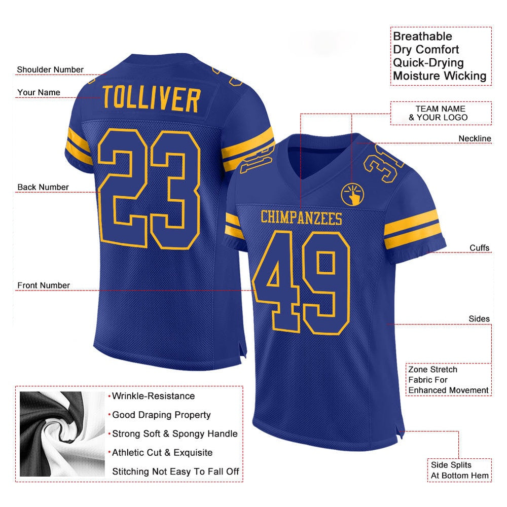 Custom Royal Royal Gold Mesh Authentic Football Jersey, Team Jerseys Football, Custom Football Jersey