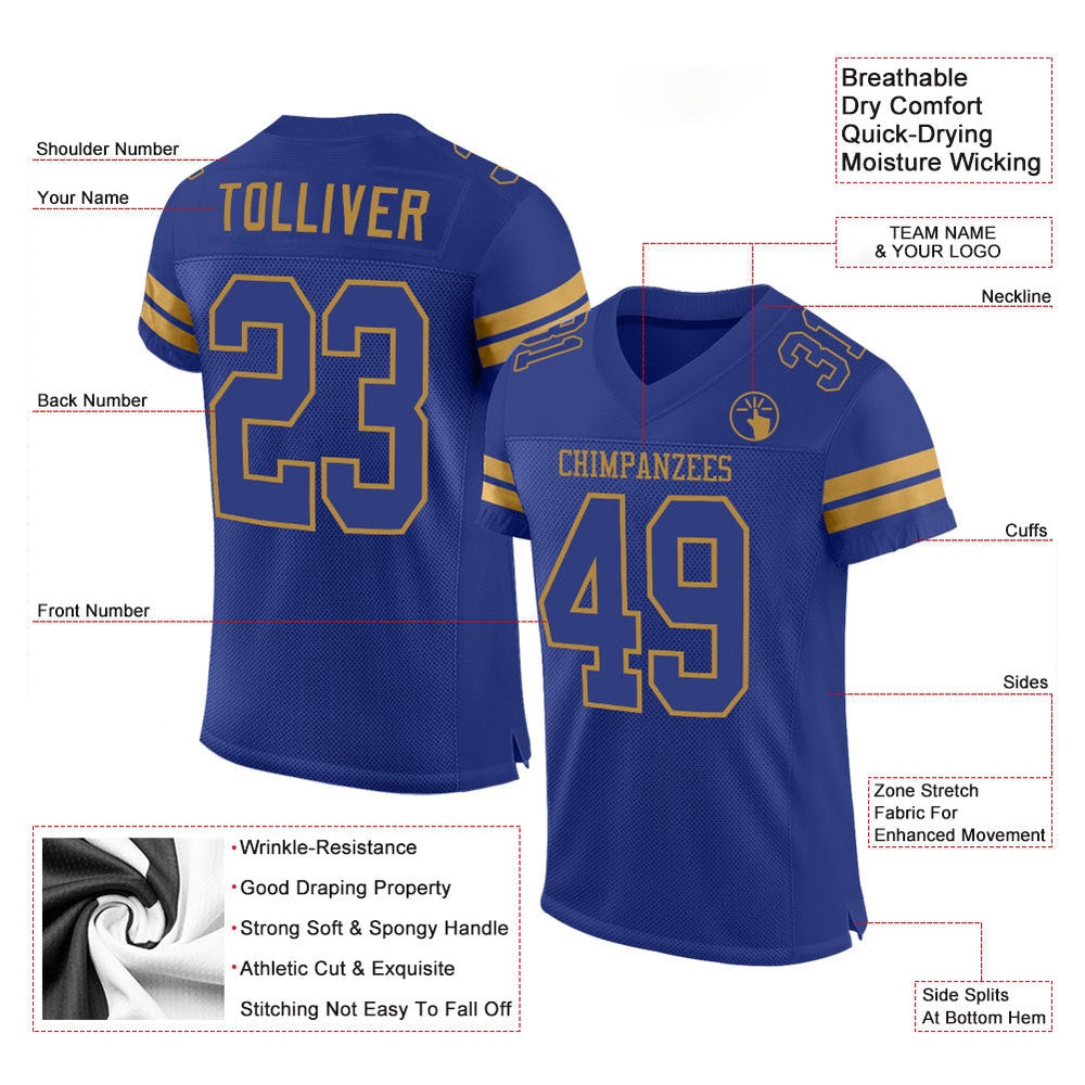 Custom Royal Royal Old Gold Mesh Authentic Football Jersey, Team Jerseys Football, Custom Football Jersey