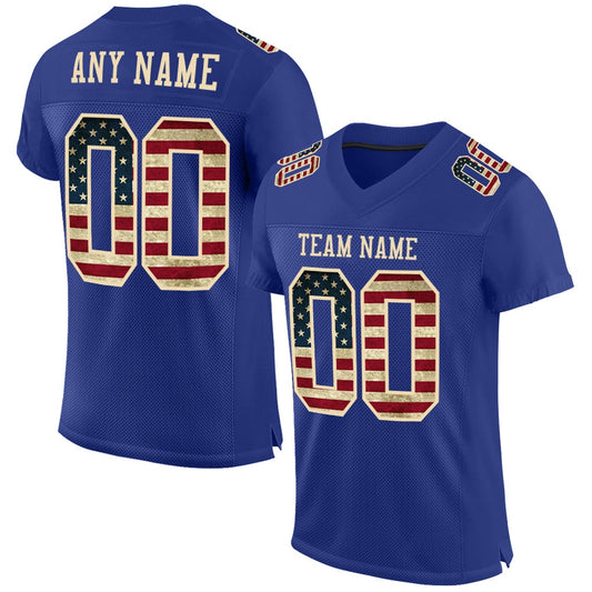 Custom Royal Vintage USA Flag City Cream Mesh Authentic Football Jersey, Team Jerseys Football, Custom Football Jersey