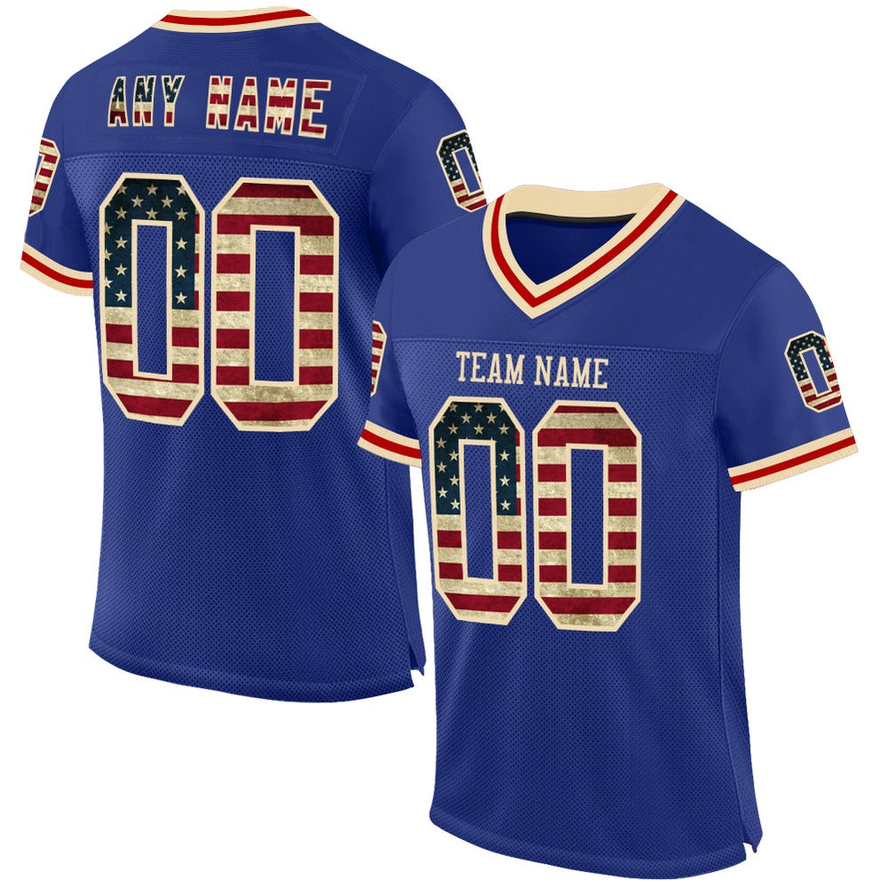 Custom Royal Vintage USA Flag Cream Red Mesh Authentic Throwback Football Jersey, Team Jerseys Football, Custom Football Jersey
