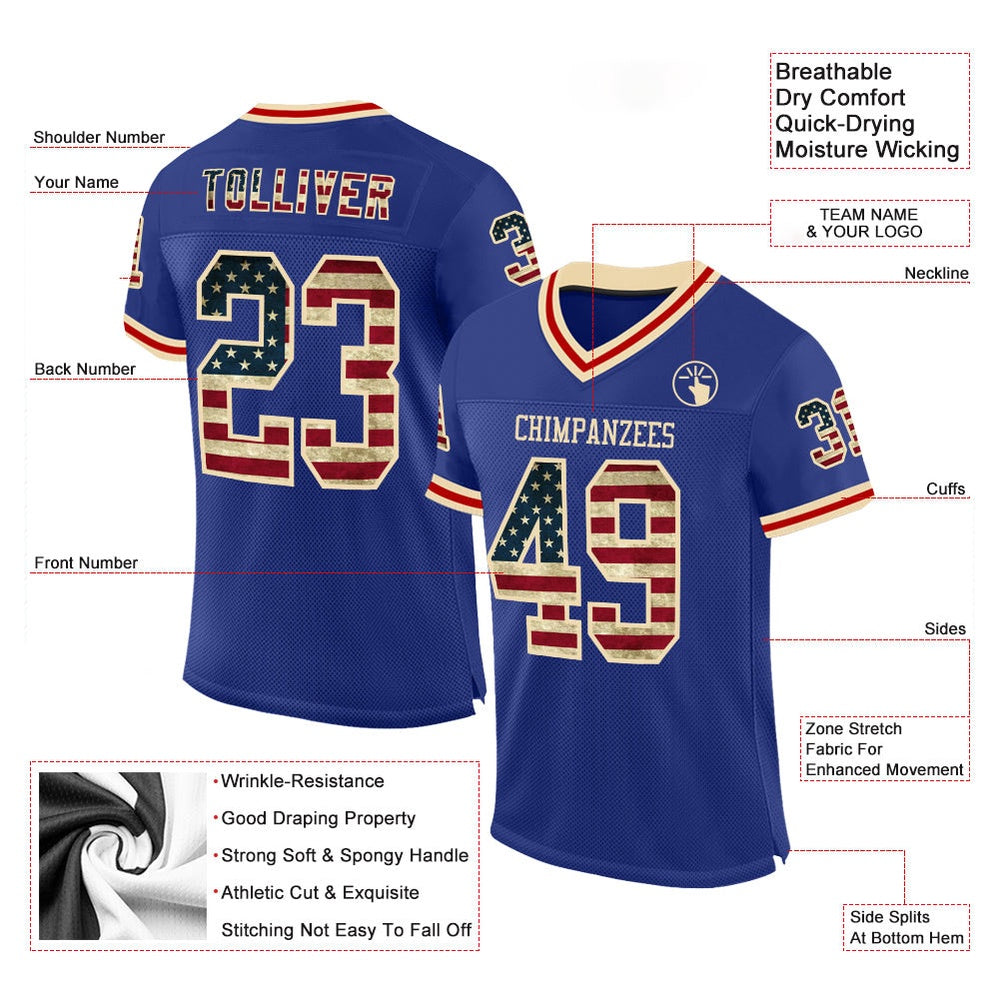 Custom Royal Vintage USA Flag Cream Red Mesh Authentic Throwback Football Jersey, Team Jerseys Football, Custom Football Jersey
