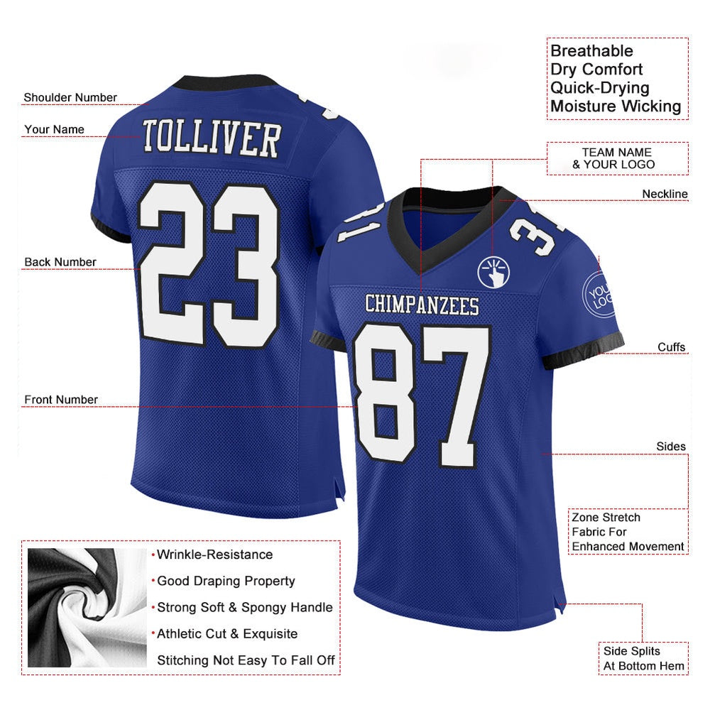 Custom Royal White Balck Mesh Authentic Football Jersey, Team Jerseys Football, Custom Football Jersey