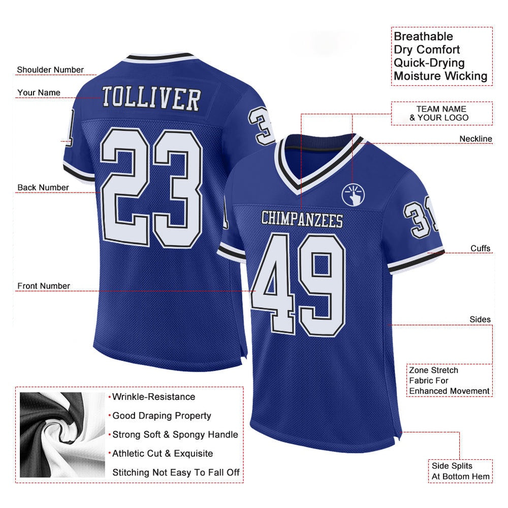 Custom Royal White Black Mesh Authentic Throwback Football Jersey, Team Jerseys Football, Custom Football Jersey