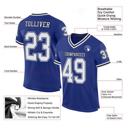 Custom Royal White Black Mesh Authentic Throwback Football Jersey, Team Jerseys Football, Custom Football Jersey