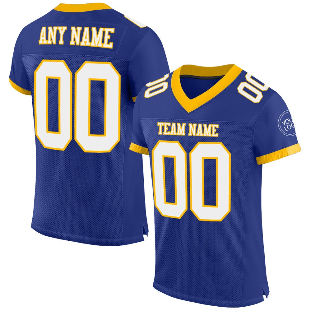 Custom Royal White Gold Mesh Authentic Football Jersey, Team Jerseys Football, Custom Football Jersey