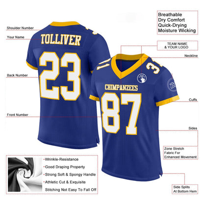 Custom Royal White Gold Mesh Authentic Football Jersey, Team Jerseys Football, Custom Football Jersey