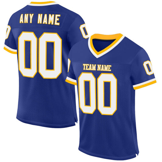 Custom Royal White Gold Mesh Authentic Throwback Football Jersey, Team Jerseys Football, Custom Football Jersey
