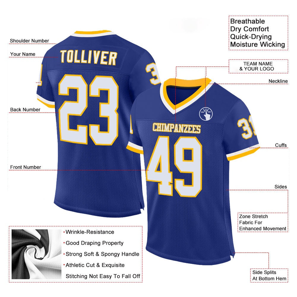 Custom Royal White Gold Mesh Authentic Throwback Football Jersey, Team Jerseys Football, Custom Football Jersey
