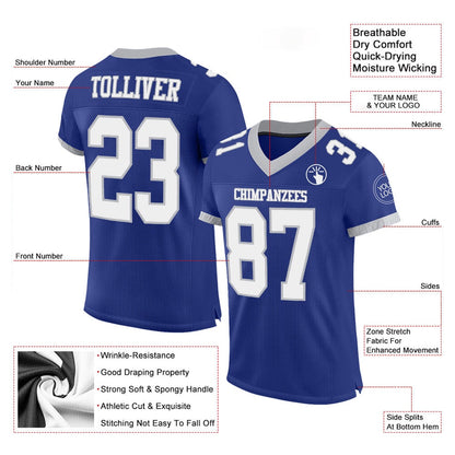 Custom Royal White Gray Mesh Authentic Football Jersey, Team Jerseys Football, Custom Football Jersey
