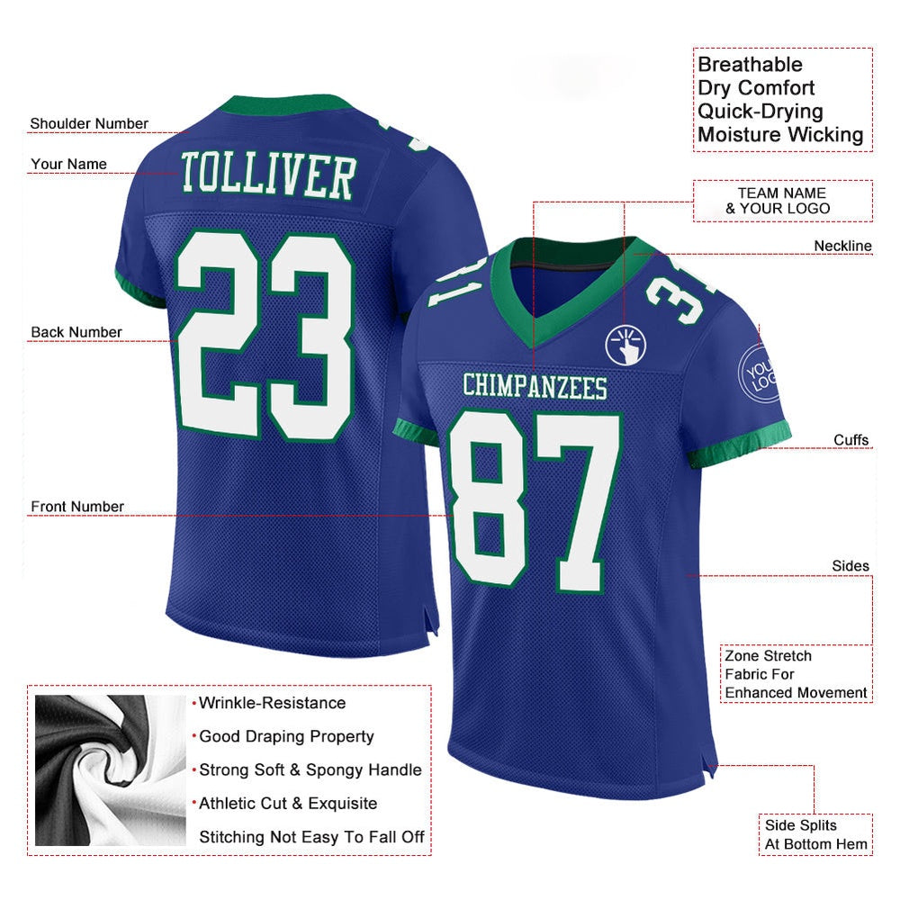Custom Royal White Kelly Green Mesh Authentic Football Jersey, Team Jerseys Football, Custom Football Jersey