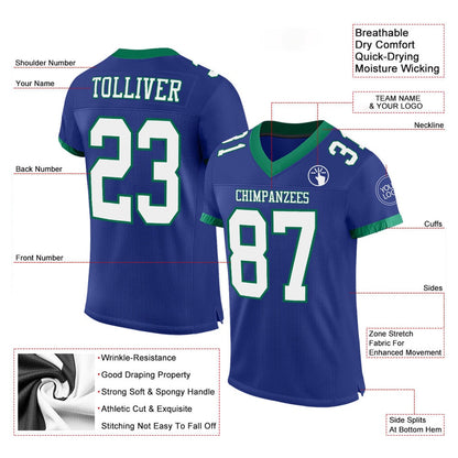 Custom Royal White Kelly Green Mesh Authentic Football Jersey, Team Jerseys Football, Custom Football Jersey