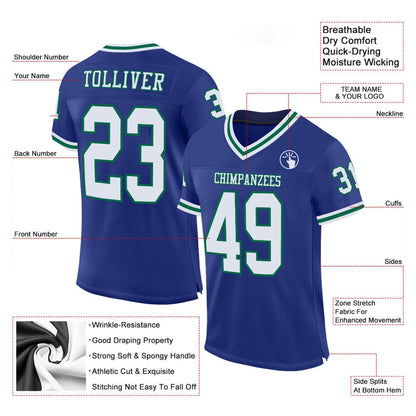 Custom Royal White Kelly Green Mesh Authentic Throwback Football Jersey, Team Jerseys Football, Custom Football Jersey