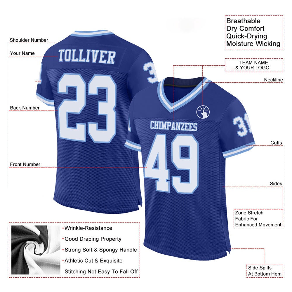 Custom Royal White Light Blue Mesh Authentic Throwback Football Jersey, Team Jerseys Football, Custom Football Jersey