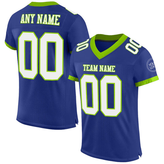 Custom Royal White Neon Green Mesh Authentic Football Jersey, Team Jerseys Football, Custom Football Jersey