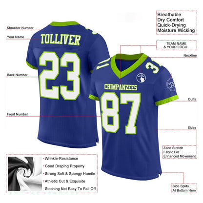 Custom Royal White Neon Green Mesh Authentic Football Jersey, Team Jerseys Football, Custom Football Jersey