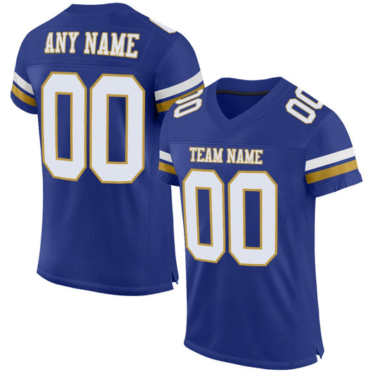 Custom Royal White Old Gold Mesh Authentic Football Jersey, Team Jerseys Football, Custom Football Jersey