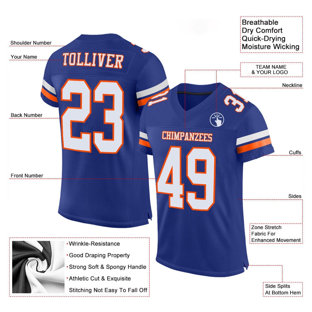 Custom Royal White Orange Mesh Authentic Football Jersey, Team Jerseys Football, Custom Football Jersey