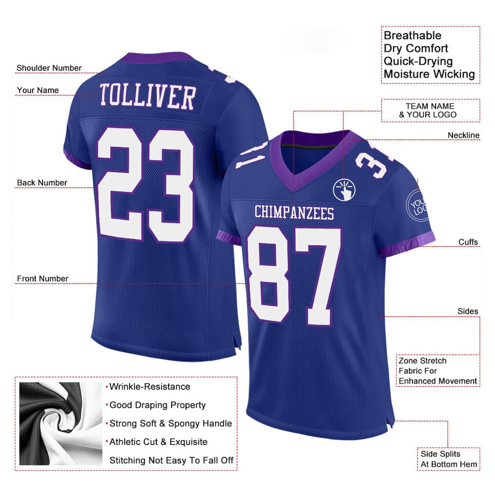 Custom Royal White Purple Mesh Authentic Football Jersey, Team Jerseys Football, Custom Football Jersey