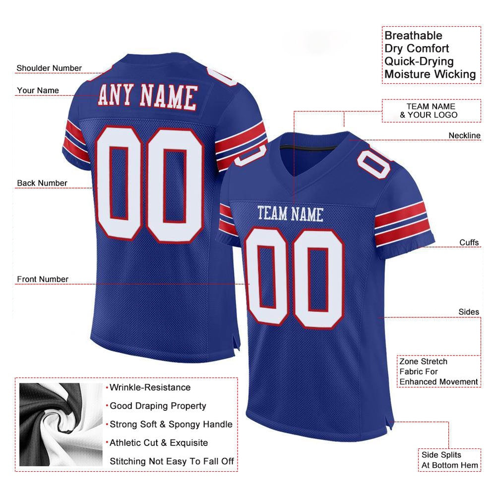 Custom Royal White Red Mesh Authentic Football Jersey, Team Jerseys Football, Custom Football Jersey