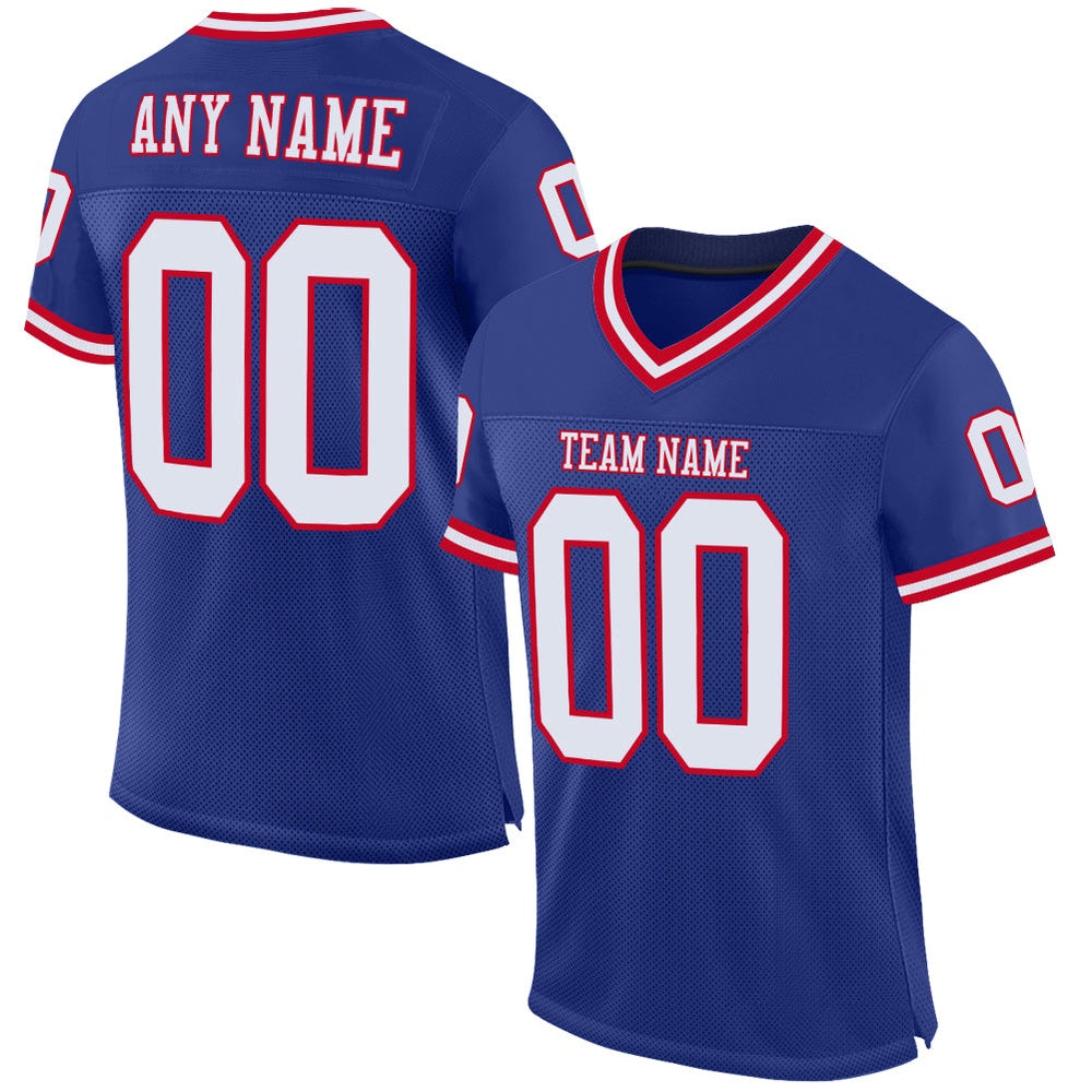 Custom Royal White Red Mesh Authentic Throwback Football Jersey, Team Jerseys Football, Custom Football Jersey