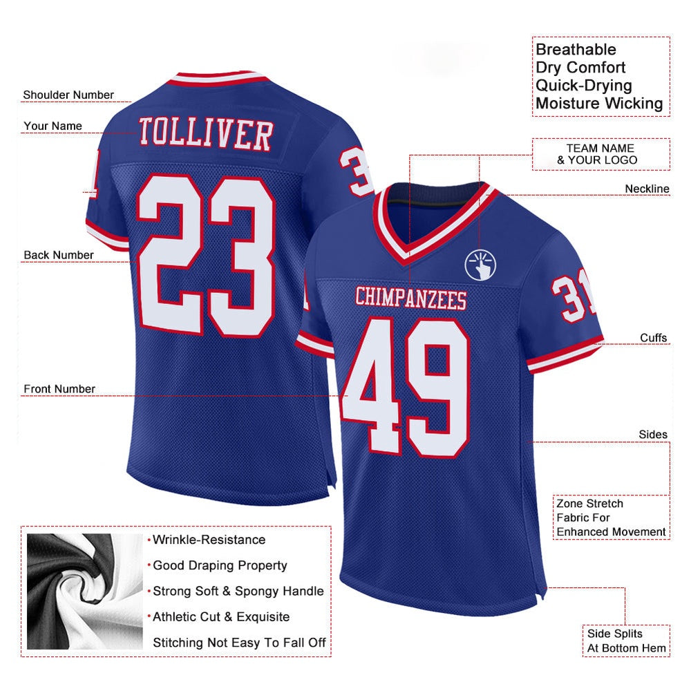 Custom Royal White Red Mesh Authentic Throwback Football Jersey, Team Jerseys Football, Custom Football Jersey