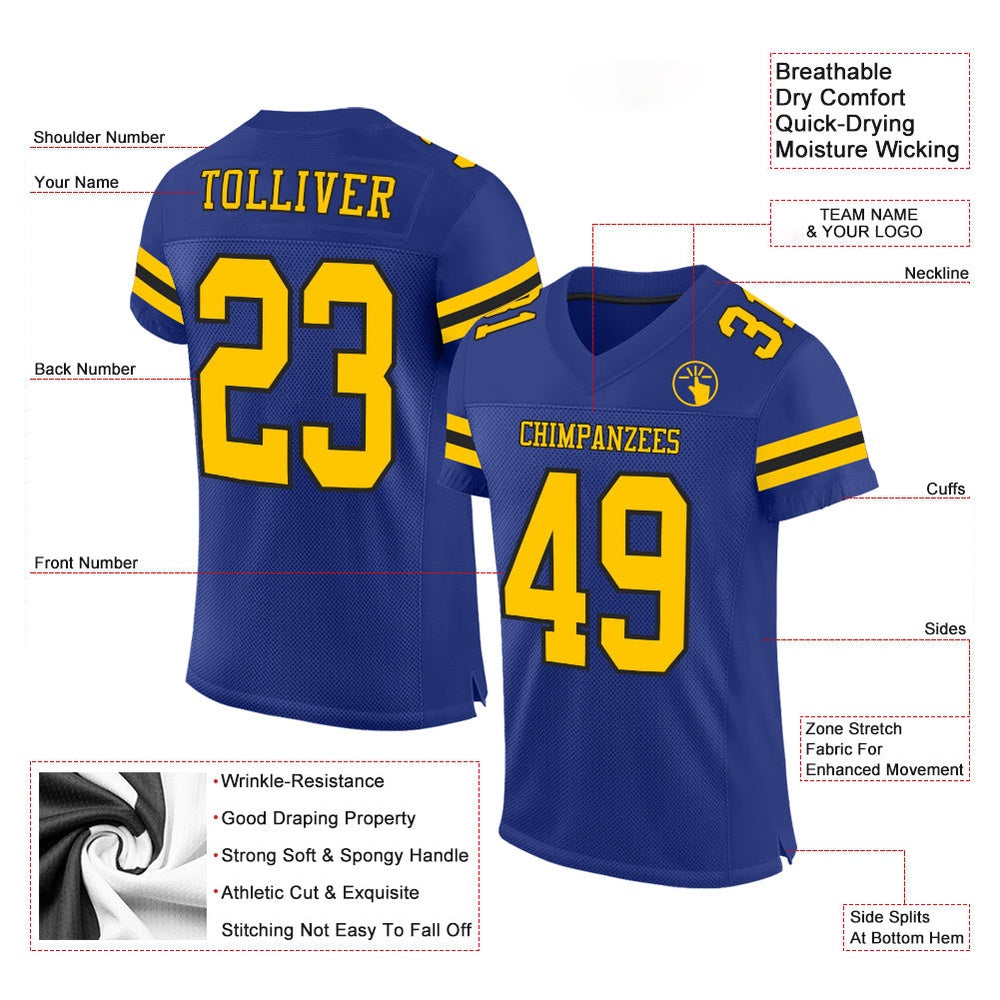 Custom Royal Yellow Black Mesh Authentic Football Jersey, Team Jerseys Football, Custom Football Jersey