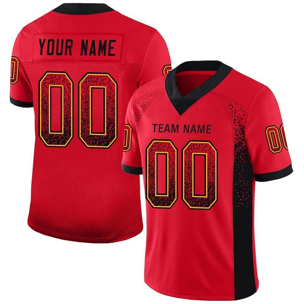 Custom Scarlet Black Gold Mesh Drift Fashion Football Jersey, Team Jerseys Football, Custom Football Jersey