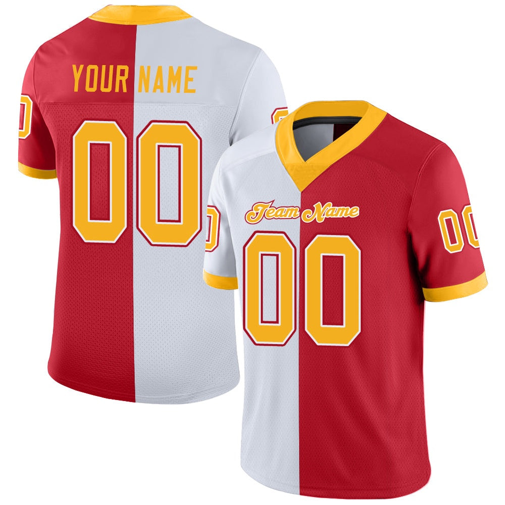 Custom Scarlet Gold White Mesh Split Fashion Football Jersey, Team Jerseys Football, Custom Football Jersey