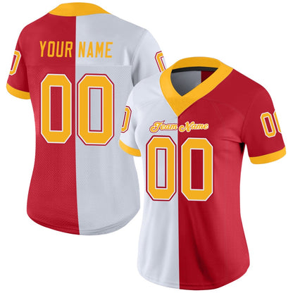 Custom Scarlet Gold White Mesh Split Fashion Football Jersey, Team Jerseys Football, Custom Football Jersey
