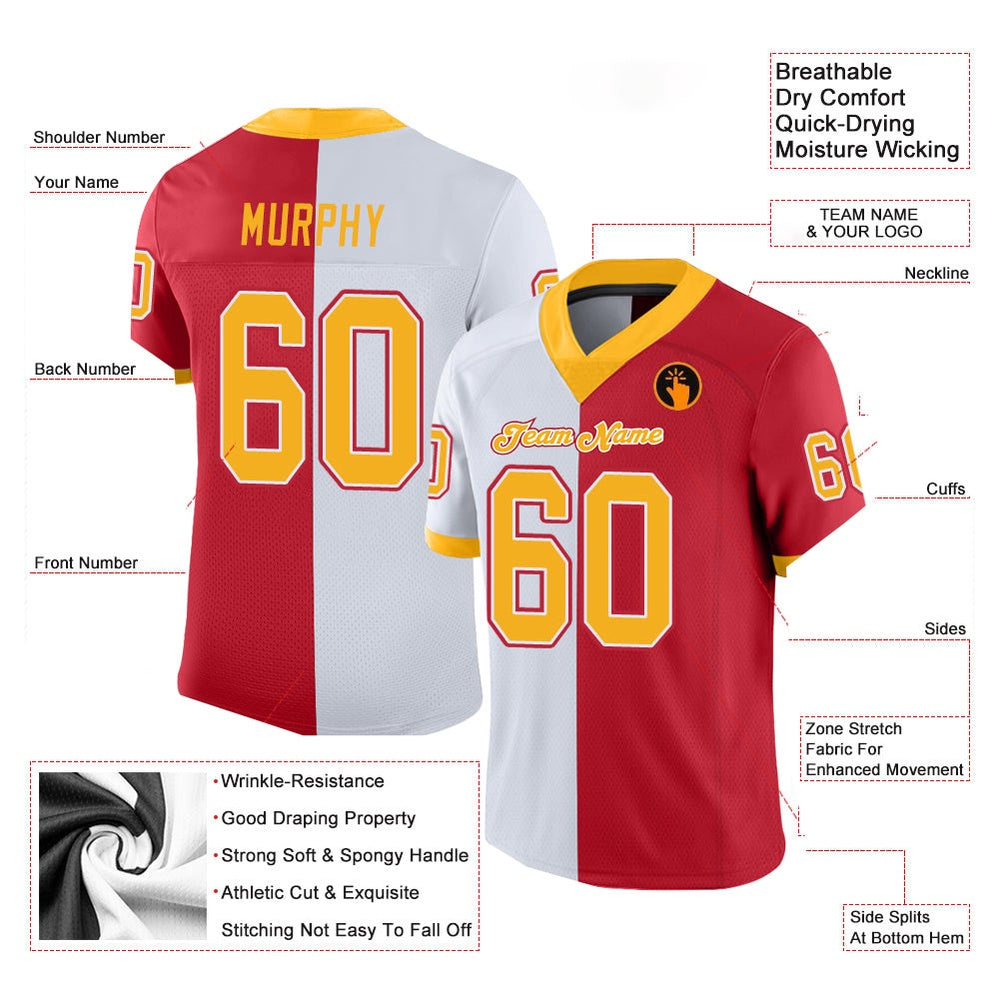 Custom Scarlet Gold White Mesh Split Fashion Football Jersey, Team Jerseys Football, Custom Football Jersey