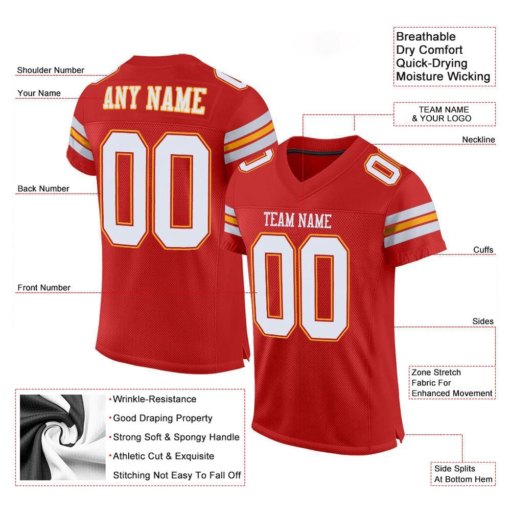 Custom Scarlet White Gold Mesh Authentic Football Jersey, Team Jerseys Football, Custom Football Jersey