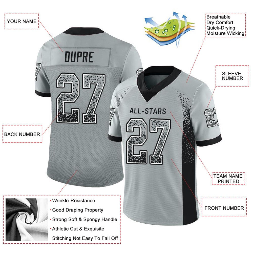 Custom Silver Black White Mesh Drift Fashion Football Jersey, Team Jerseys Football, Custom Football Jersey