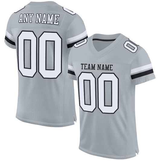 Custom Silver White Black Mesh Authentic Football Jersey, Team Jerseys Football, Custom Football Jersey