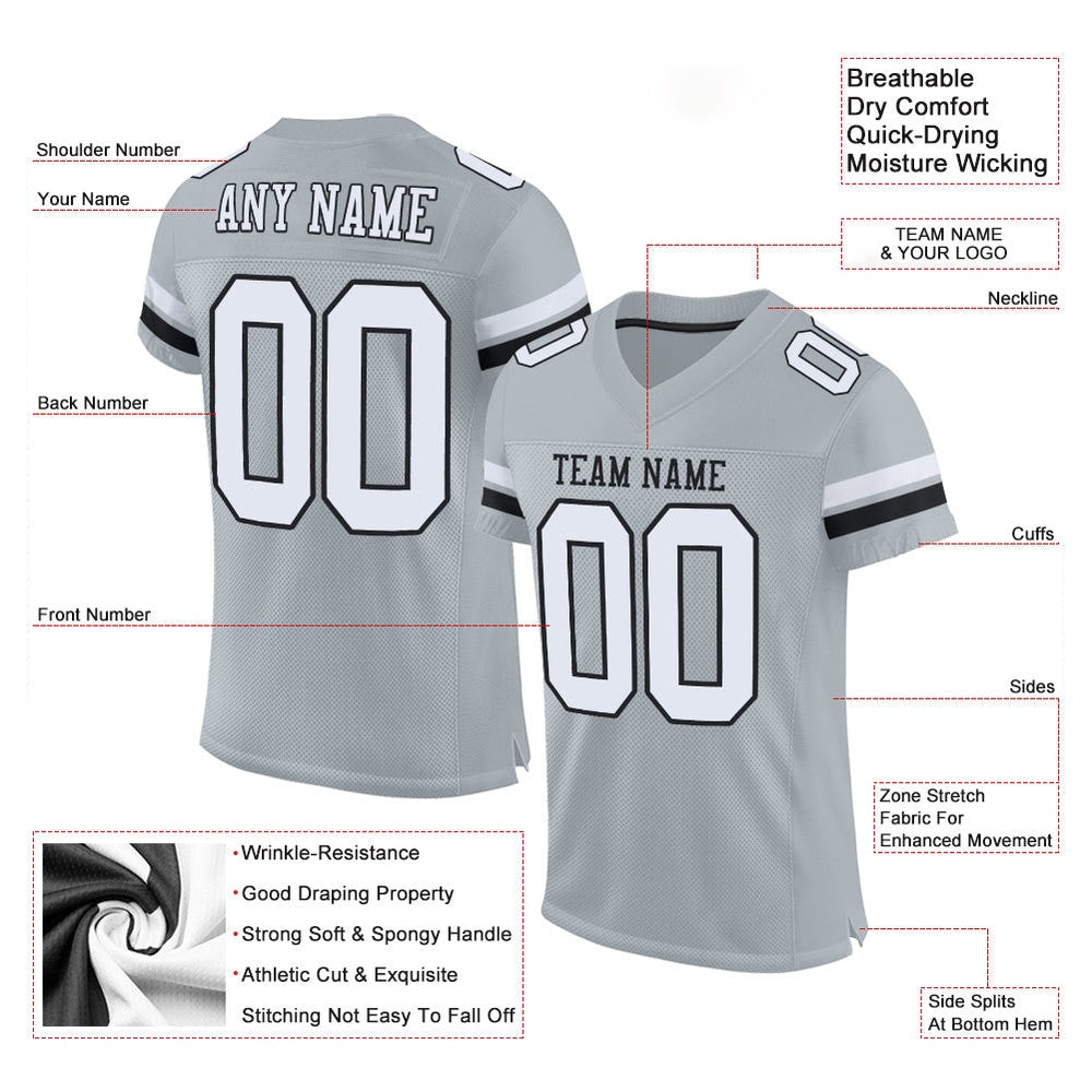 Custom Silver White Black Mesh Authentic Football Jersey, Team Jerseys Football, Custom Football Jersey