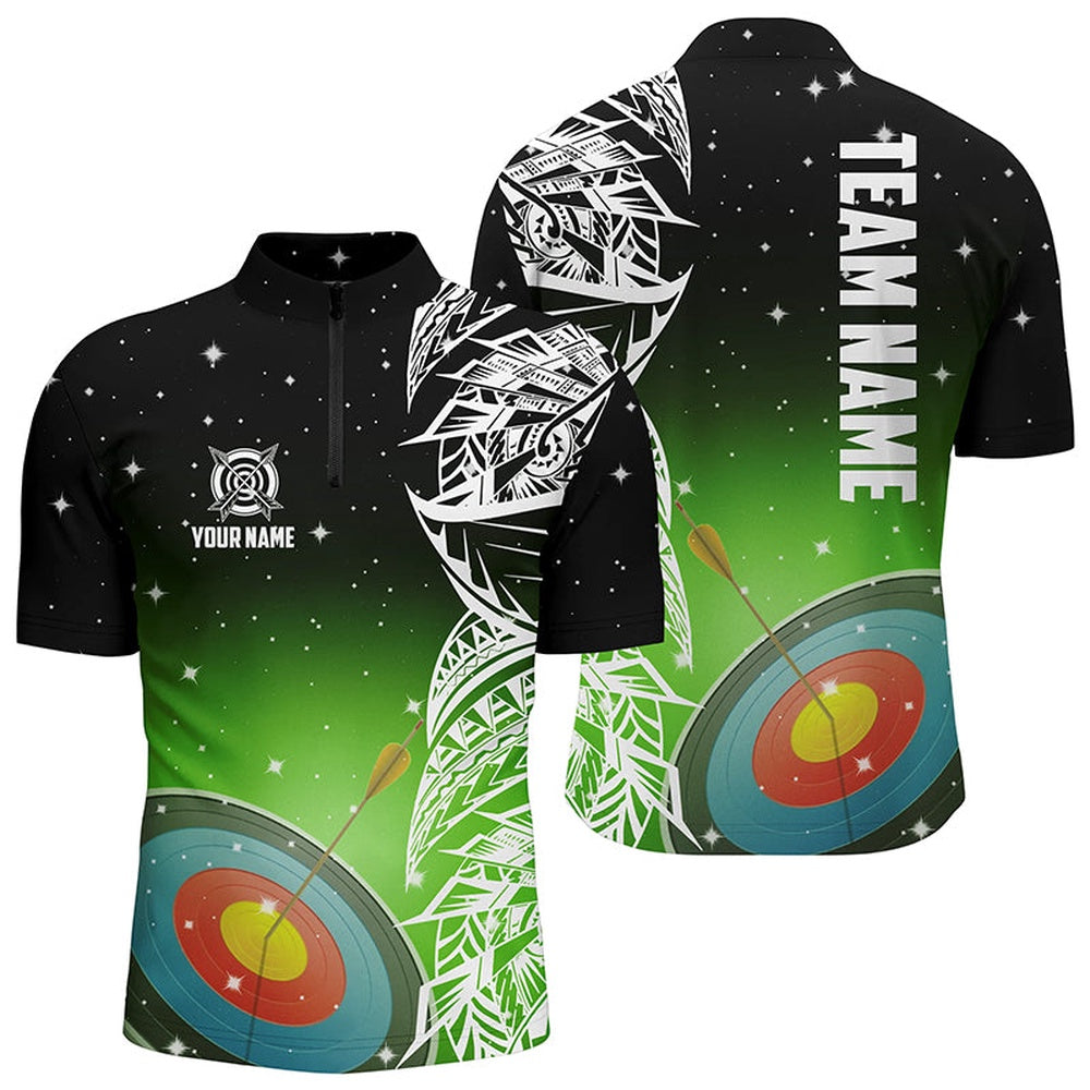 Custom Target Archery Green Galaxy Men Quarter-Zip Shirts, Team League Archery Jerseys, Archery Team Shirts, Custom Archery Shirts